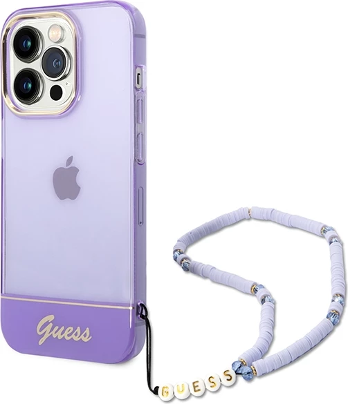 Mbështjellës Guess GUHCP14XHGCOHU për iPhone 14 Pro Max 6.7", Translucent Pearl Strap, vjollcë