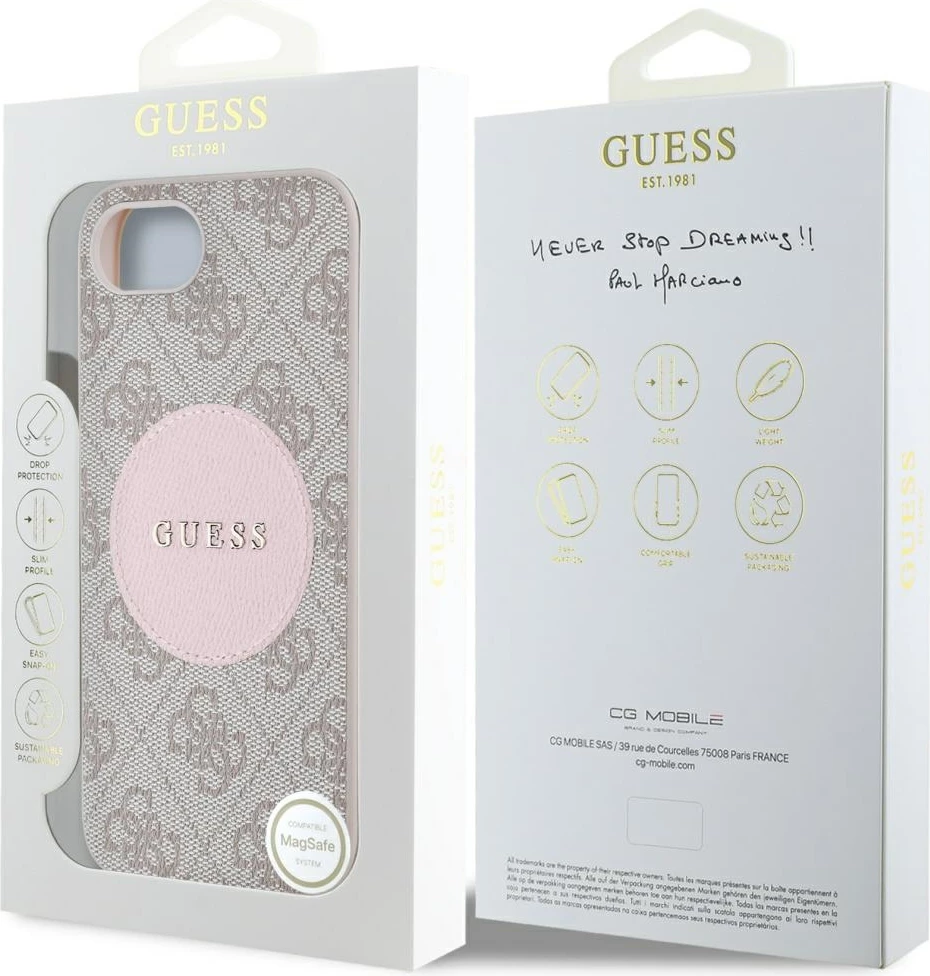 Mbështjellës Guess 4G Circle Classic Logo MagSafe për iPhone 16e, rozë