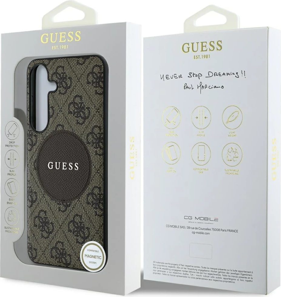 Mbështjellës Guess 4G Round Patch Classic Logo MagSafe për Samsung Galaxy S25, Kafe