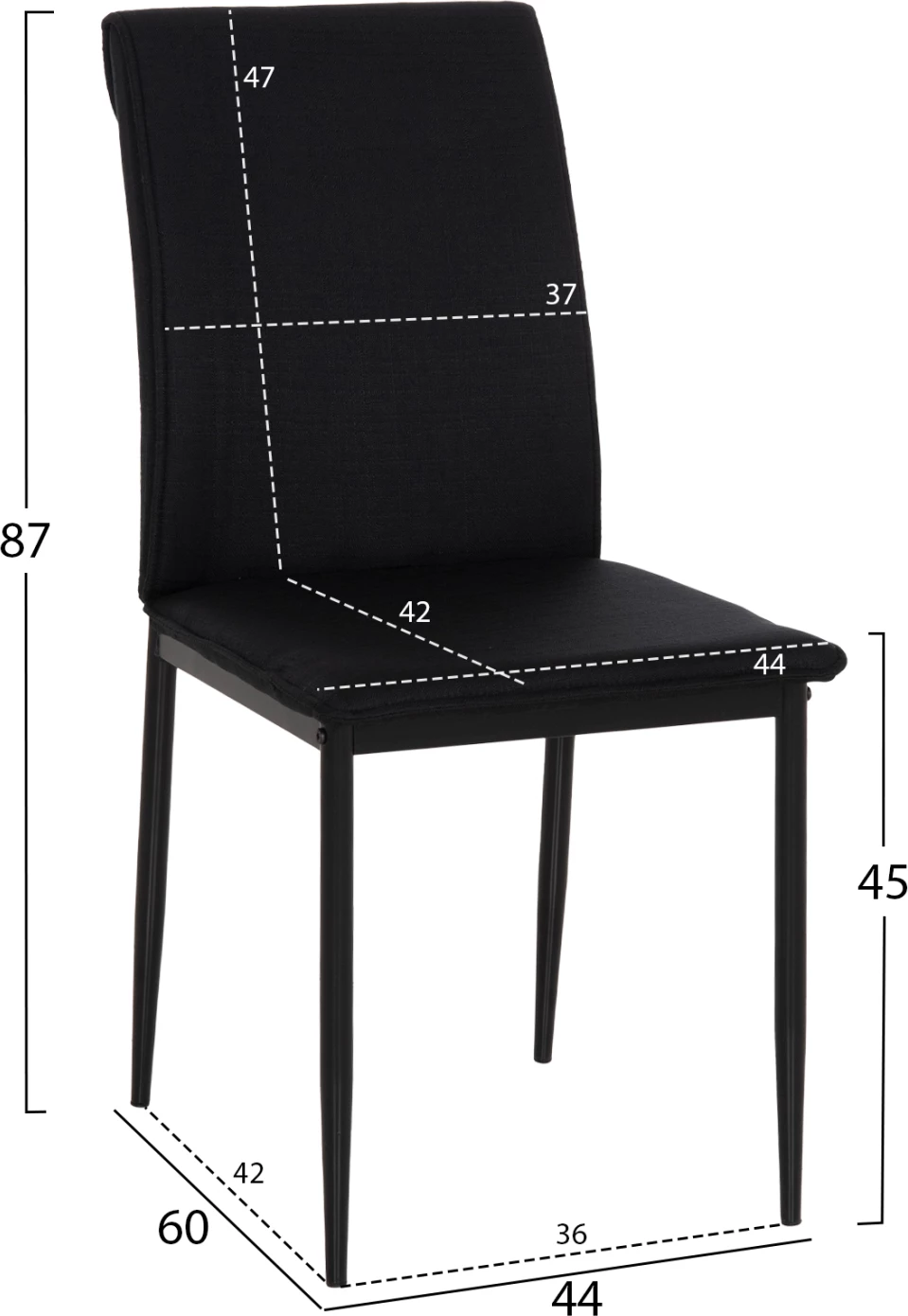 Karrige ngrënieje PERKY, set prej 4 copash, material tekstili i zi, këmbë metali, 42x58x89.5cm
