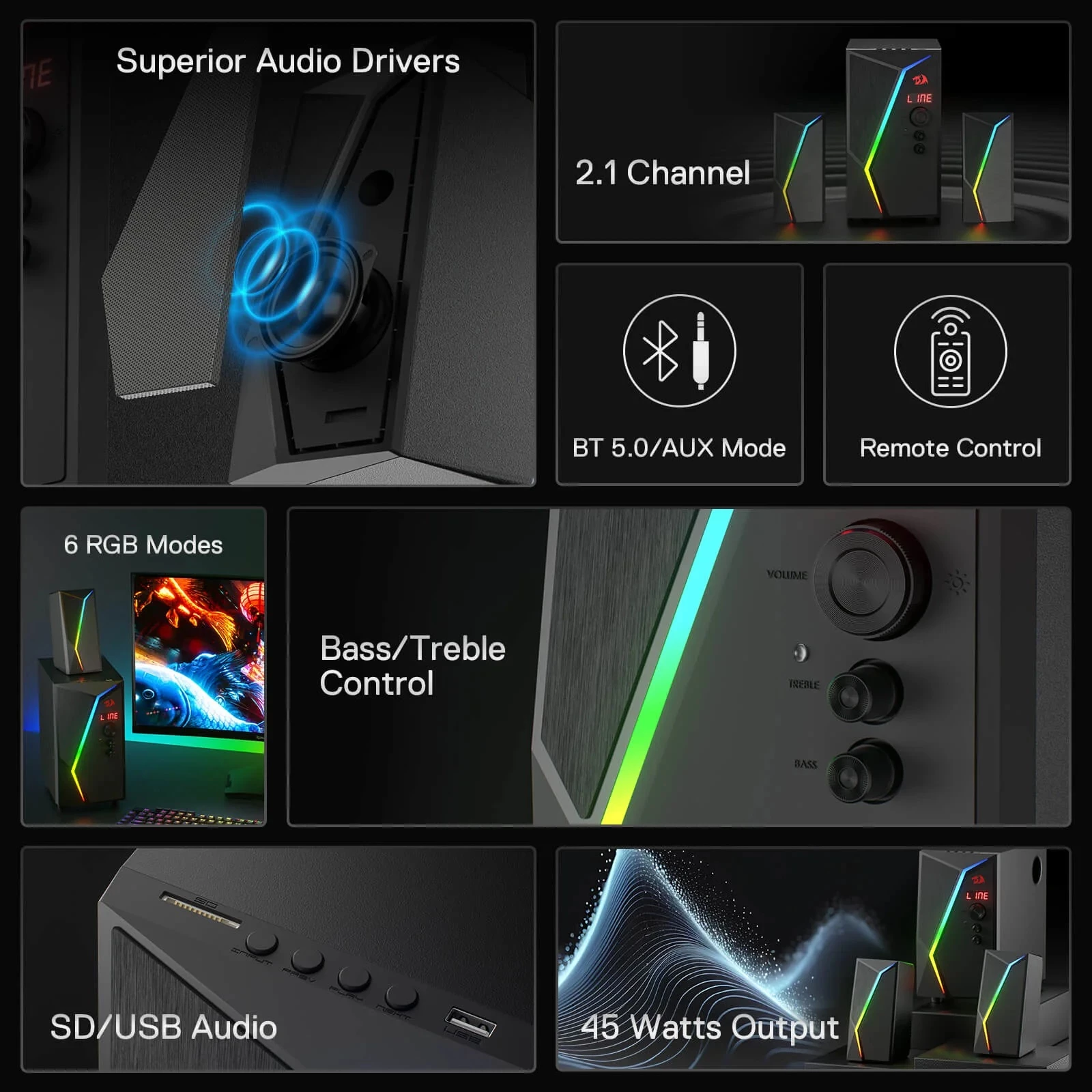 Sistem altoparlantësh 2.1 Redragon Anvil Pro GS520-PRO 25W me Bluetooth, RGB, telekomandë, i zi
