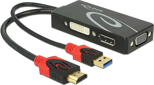 Kabllo adapter DeLOCK 62959, HDMI + USB në DVI-I/DisplayPort/VGA, 0.135 m, 4K 60 Hz, zi/kuqe
