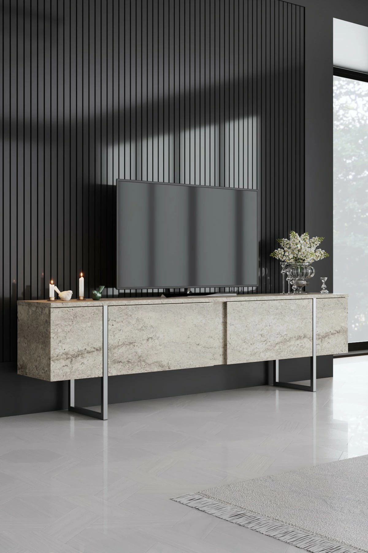 Komodë TV Hanah Home, Luxe, travertin, argjend