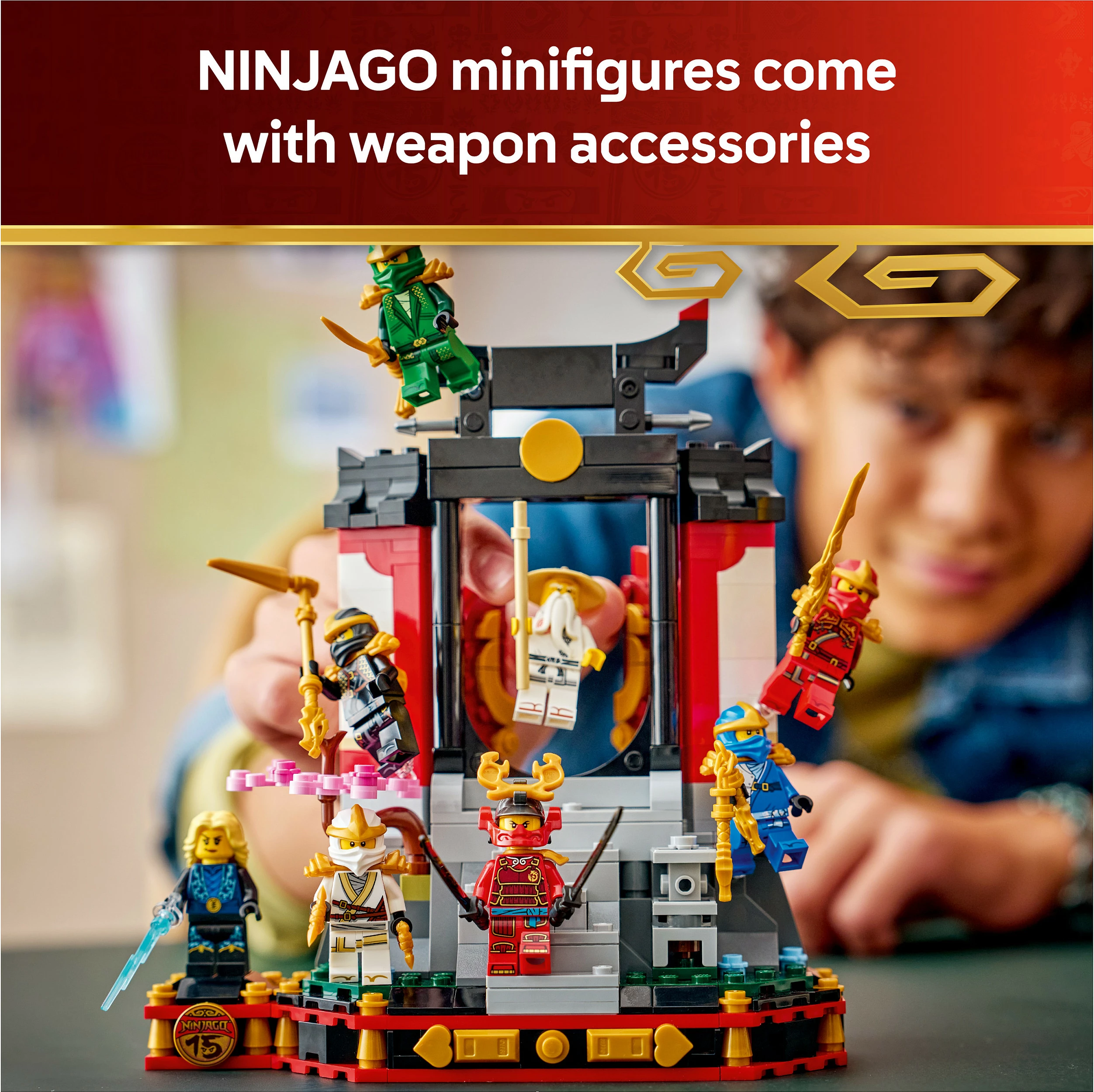 Set ndërtimi LEGO NINJAGO 71866 Ninja Character Display 15th Anniversary, 447 pjesë, 8 minifigura, 14+, multicolor