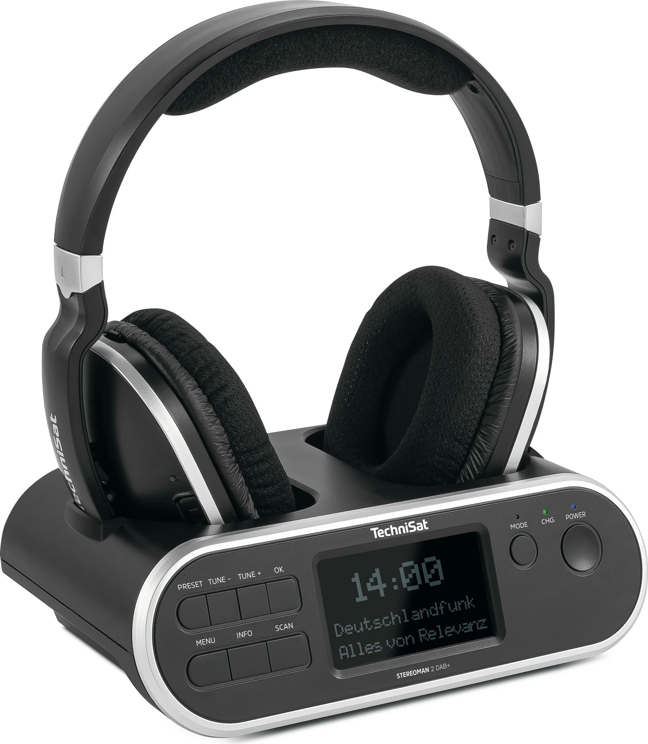 Kufje TechniSat StereoMan 2 DAB+, me kabllo & wireless, stacion bazë me DAB+/FM, 3.5mm AUX, zezë