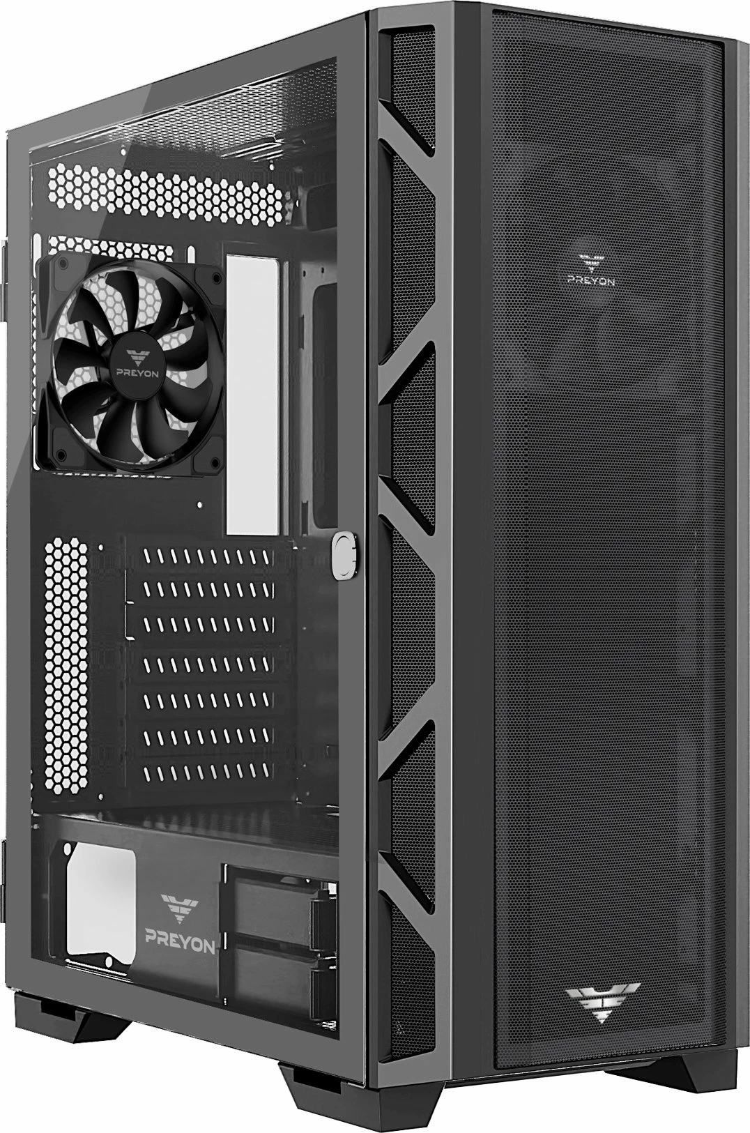 Kasë PREYON Nest Meshy PRENM02B Midi Tower ATX/eATX me xham të kalitur, 2 ventilatorë, e zezë