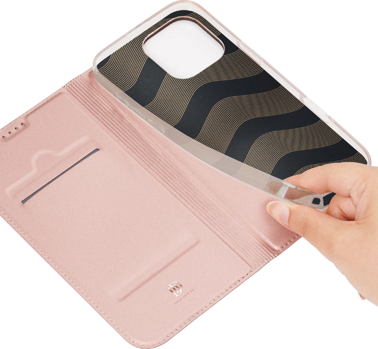 Mbështjellës Dux Ducis Skin Pro për iPhone 16 Pro Max, me kapak dhe xhep për kartela, Rozë
