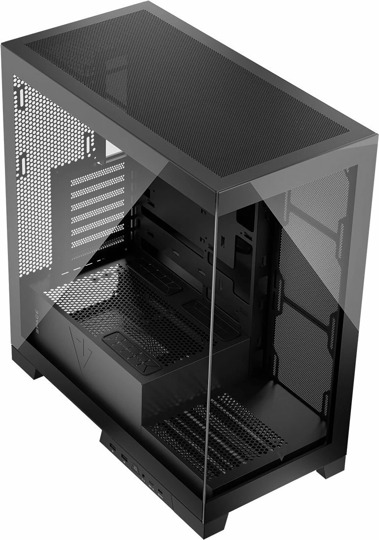 Kasë Modecom Volcano Space (AT-SPACE-PG-NF-10-000000-0002) Midi Tower ATX/Micro-ATX/Mini-ITX, xham i kalitur, USB-C, e zezë
