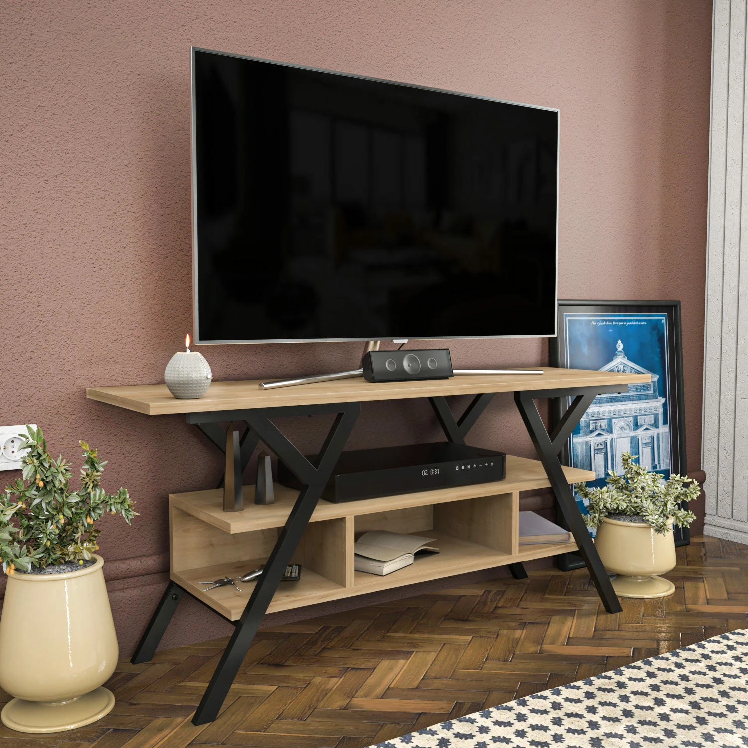 Komodinë TV Skye Decor, Minerva, e zezë dhe lis