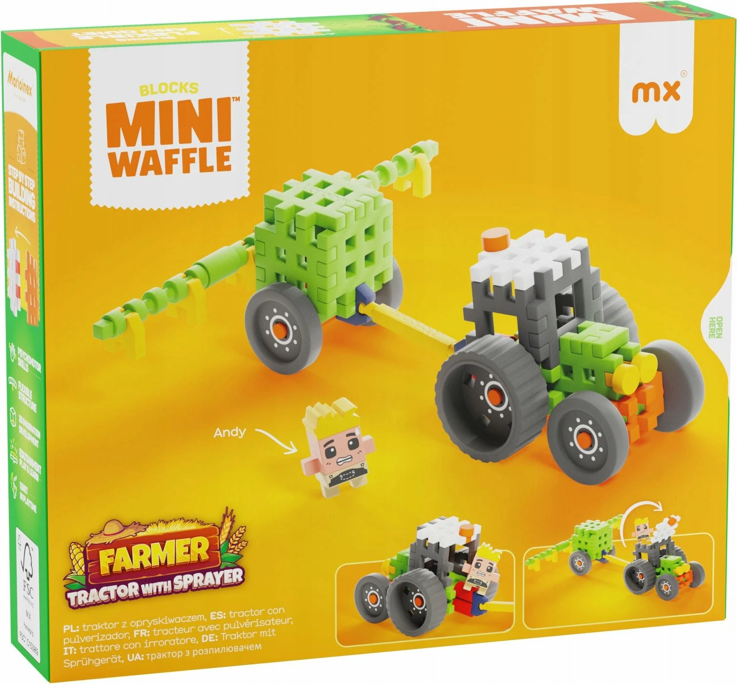 Set blloqesh ndërtimi Marioinex Mini Waffle Farmer Tractor with Sprayer, 50 elemente, 6+