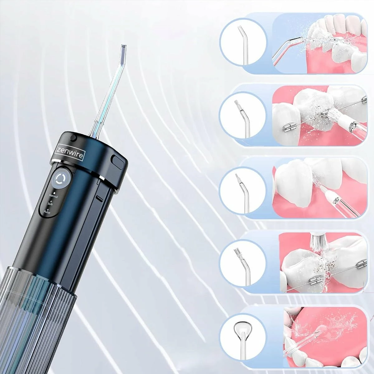 Irigator dentar portativ pa kabllo Zenwire WF309, 190 ml, 3 moda, IPX8, me 6 gryka, i zi