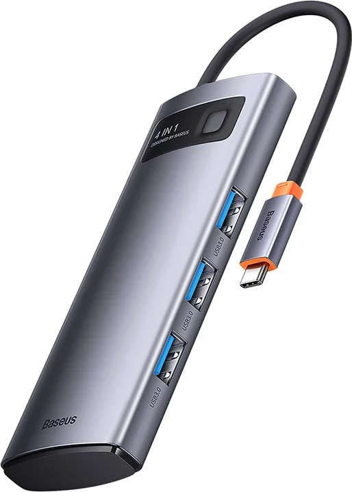 Kasë Baseus Metal Gleam Series 4in1, USB-C në 4x USB 3.0, Gri