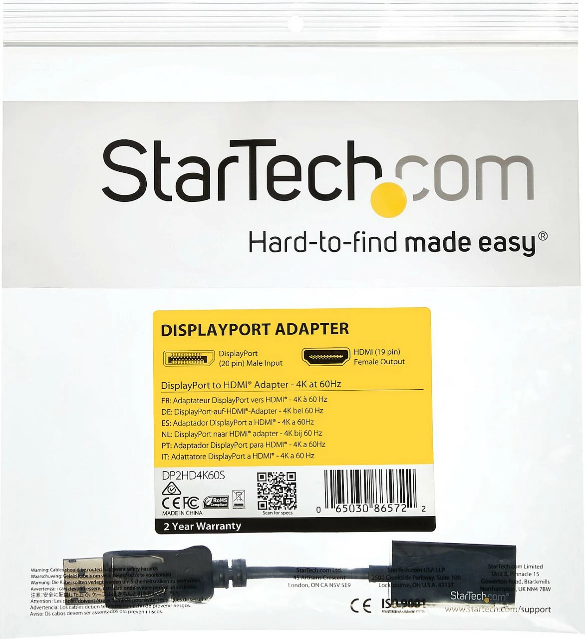 Adapter DisplayPort në HDMI StarTech DP2HD4K60S, 4K 60Hz, aktiv, 0.215 m, i zi