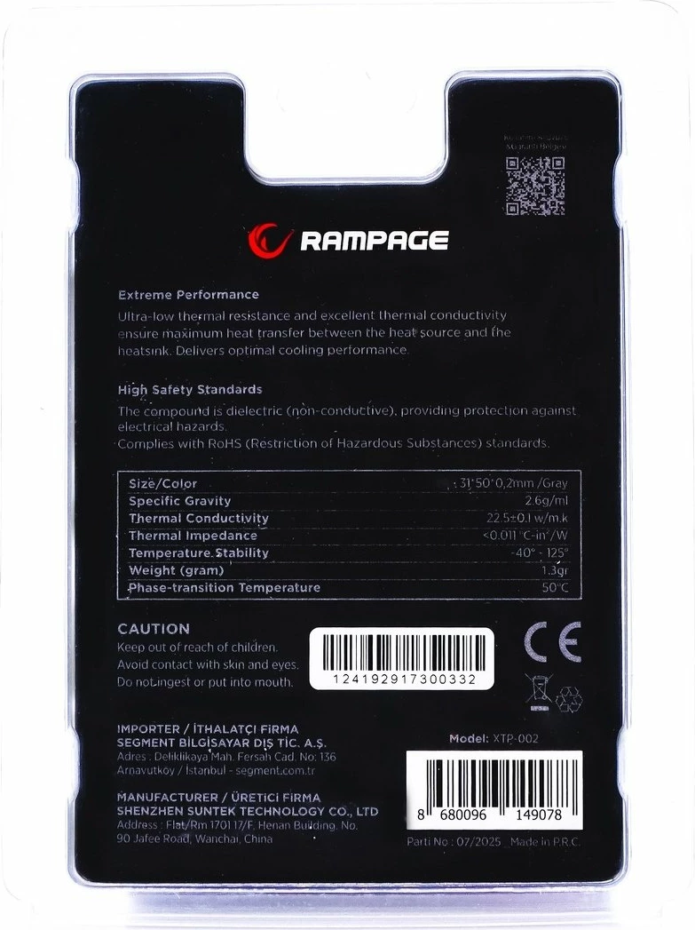 Termopad Rampage XTP-002 31×50×0.2mm, 22.5 W/mK, PTM, gri