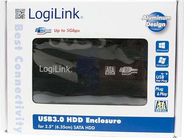 Kasë eksternë për HDD/SSD 2.5" LogiLink, SATA në USB 3.2 Gen 1, 5 Gbit/s, alumini, e zezë