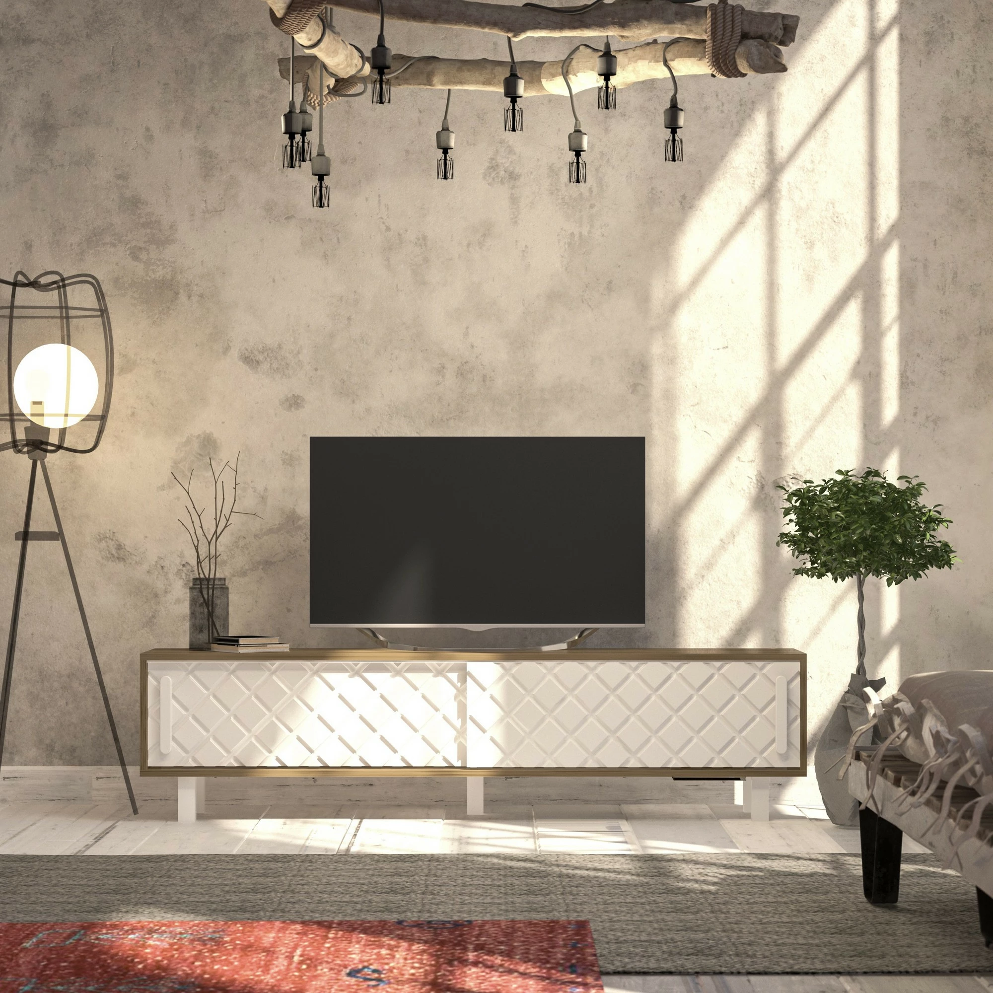 Komodë TV Hanah Home, Rob - Ud, e bardhë, lisi