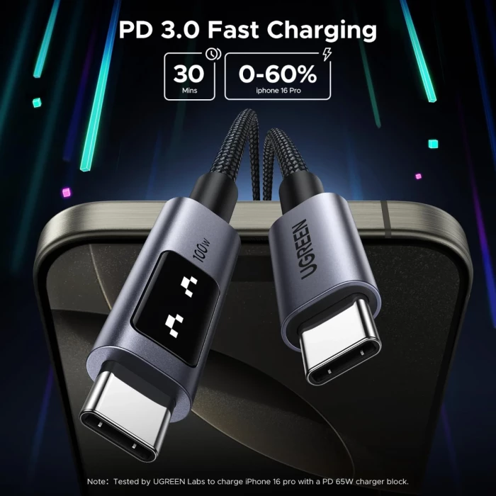 kabllo karikimi USB-C në USB-C UGREEN 35513 (L509) 100W, 3m, gri e errët