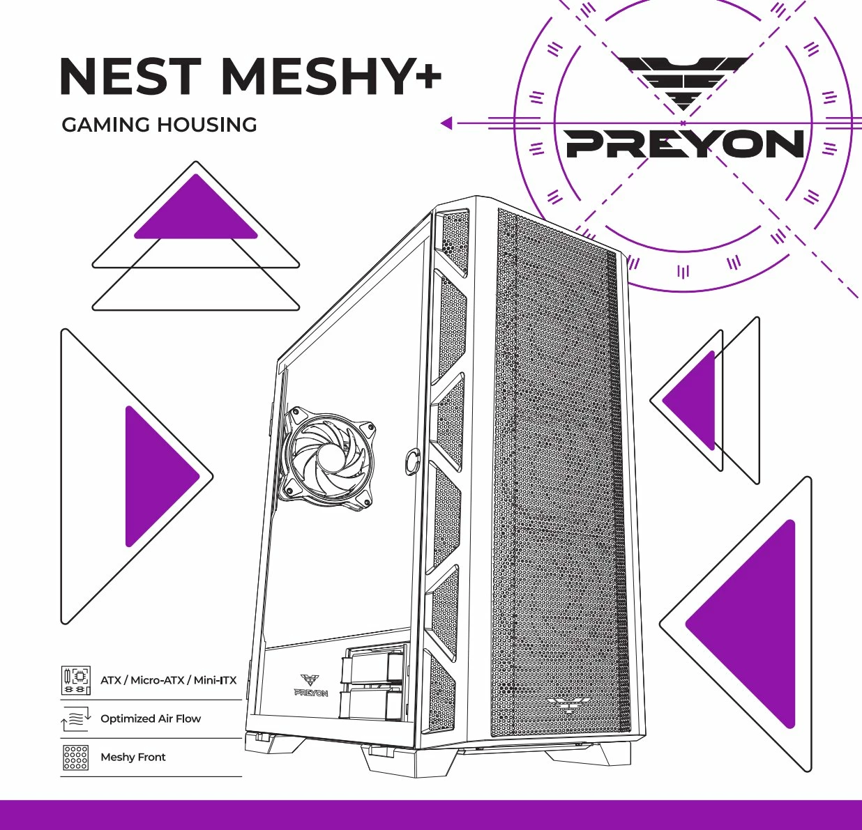 Kasë PREYON Nest Meshy+ PRENMP04B Midi Tower ATX/e-ATX me 4 ventilatorë ARGB, e zezë
