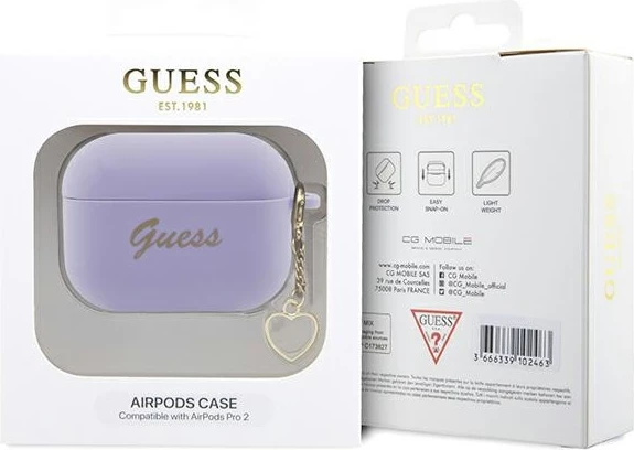 Mbështjellës Guess për AirPods Pro 2, Silicone Heart Charm, vjollcë