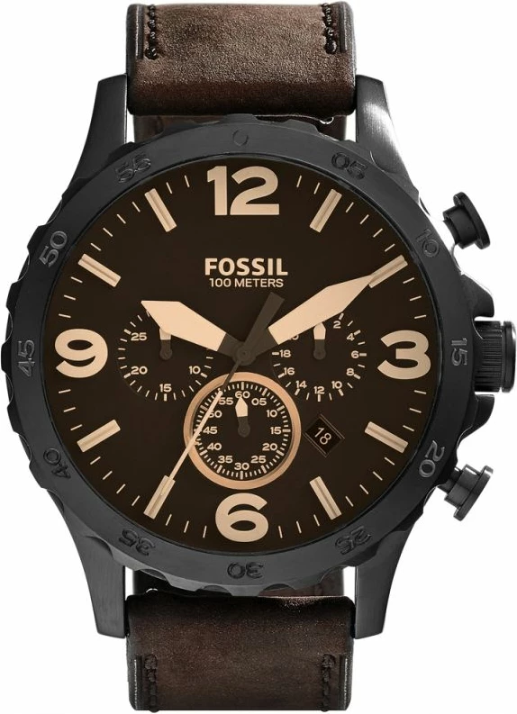 Orë dore për meshkuj Fossil Nate JR1487, e zezë/kafe, me kuti