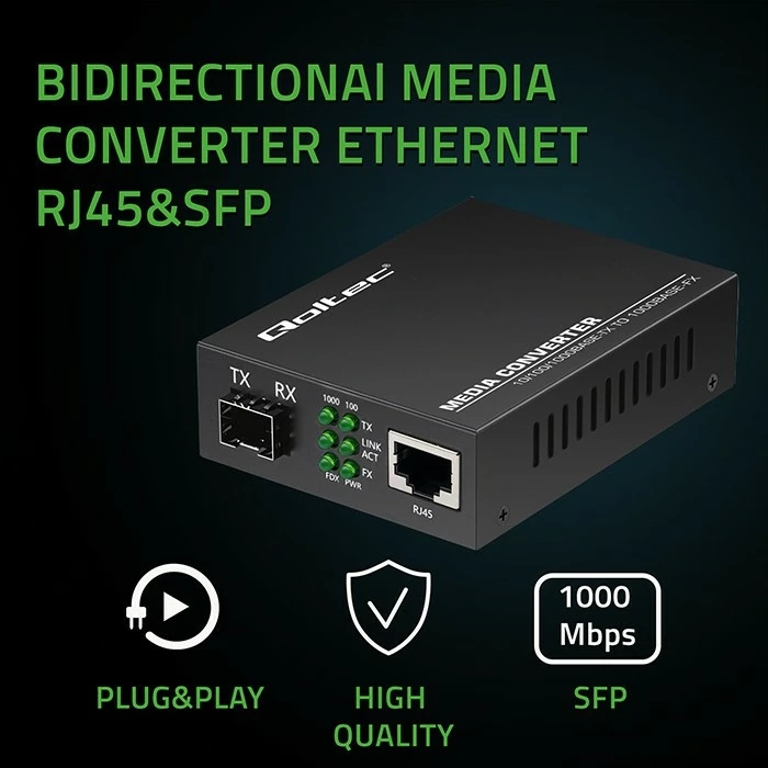 Konvertues media Qoltec 52295, 1x RJ45, 1x SFP, 1000Mb/s, i zi