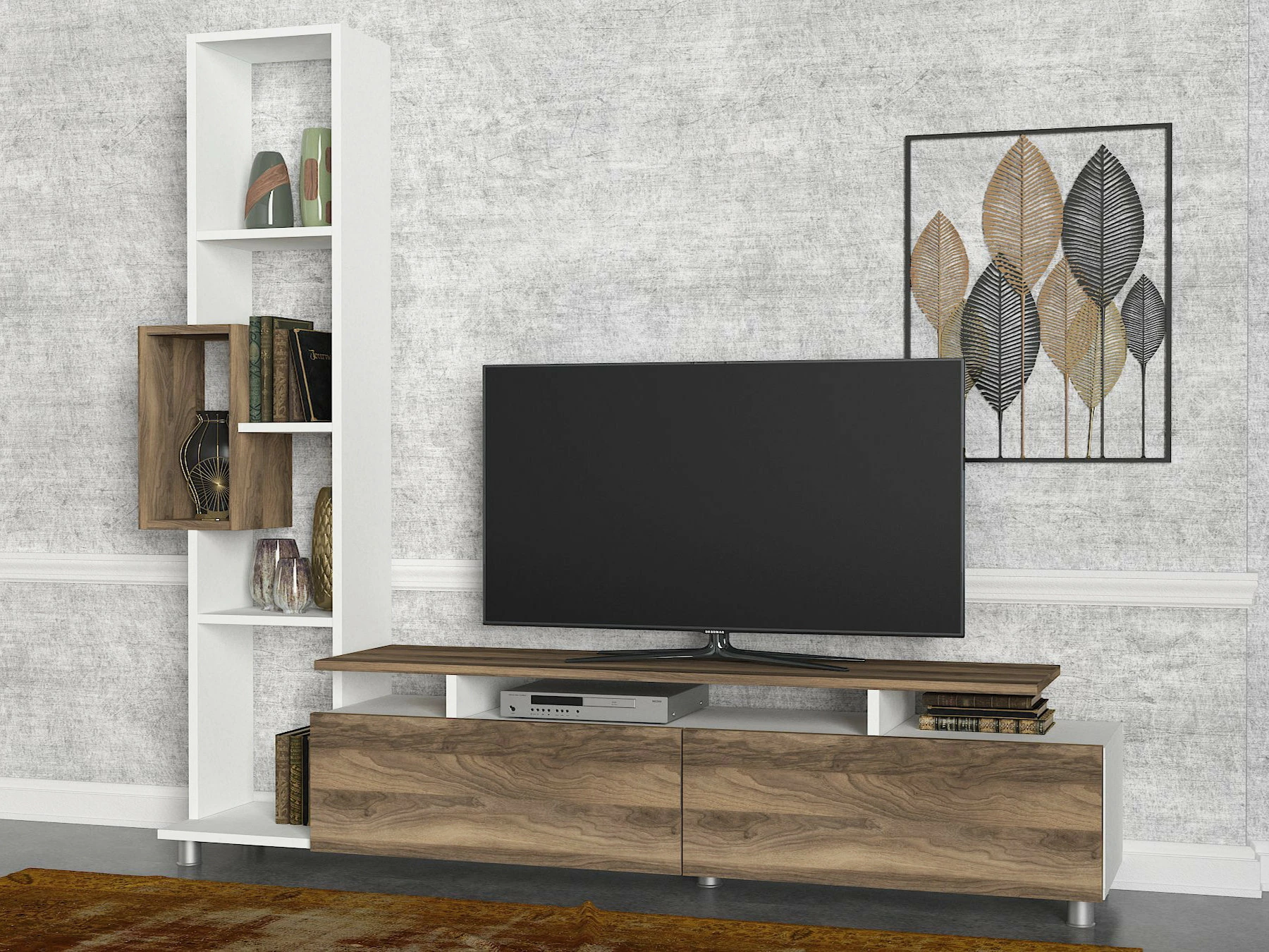 Njësi TV Hanah Home, ngjyrë tulip e bardhë dhe arre