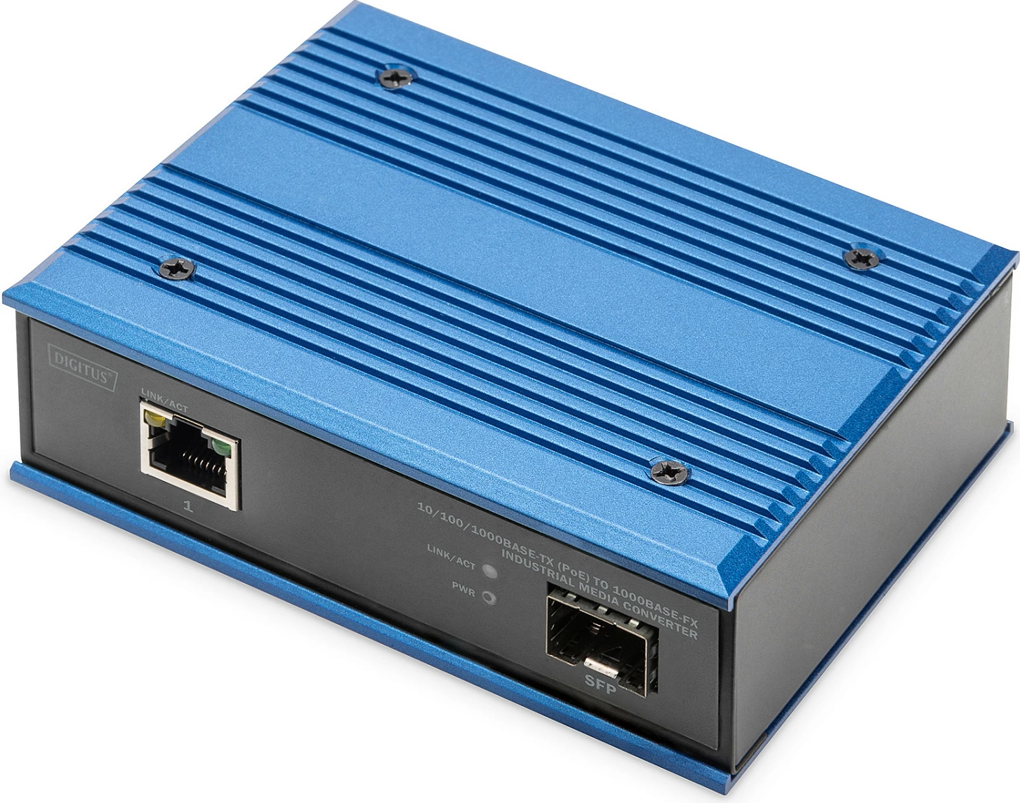 Konvertues media industrial Digitus, Gigabit PoE RJ45 në Fiber 1000Base-FX, DIN Rail, blu