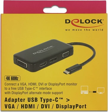 Adapter video DeLOCK 63929, USB-C në HDMI/DisplayPort/DVI-I/VGA, 0.15 m, i zi