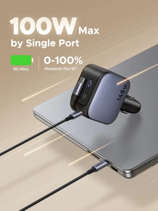 Karikues makine UGREEN 55910B 145W me kabllo USB-C të integrume (tërheqëse), 1x USB-C + 1x USB-A, Space Grey