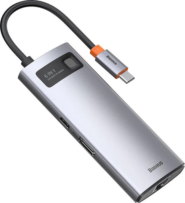 Kasë Baseus Metal Gleam Series CAHUB-CW0G, 6-në-1, USB-C në 3x USB 3.0 + HDMI + USB-C PD + Ethernet RJ45, Gri
