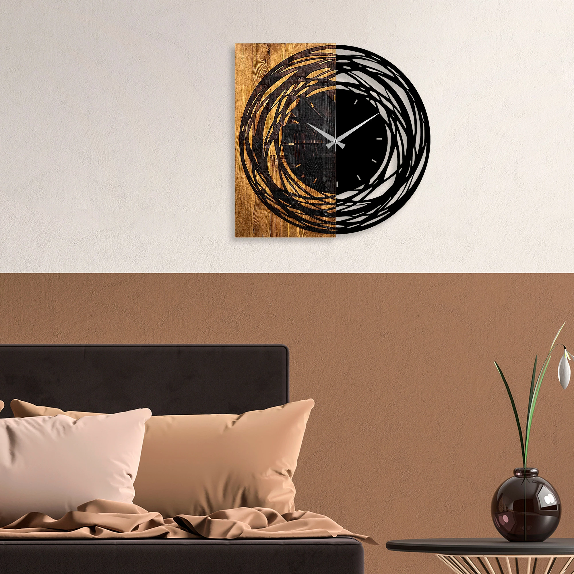 Orë muri dekorative prej druri Wallity, ngjyrë arrë e çelët dhe e zezë, 58x3x58cm