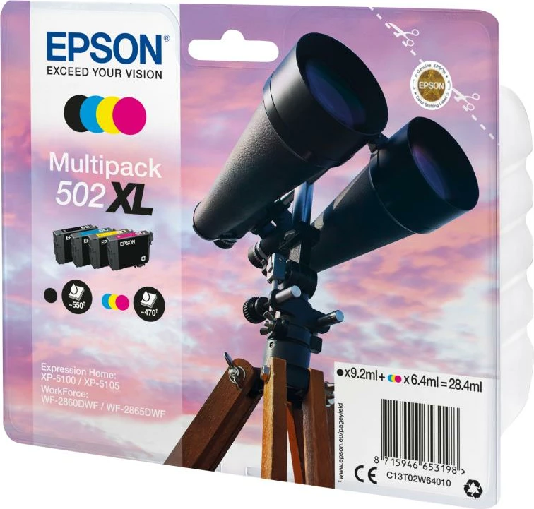 Kartush boje, Epson 502XL (C13T02W64010), kapacitet i lartë XL, origjinal, CMYK 4‑ngjyra, multipack