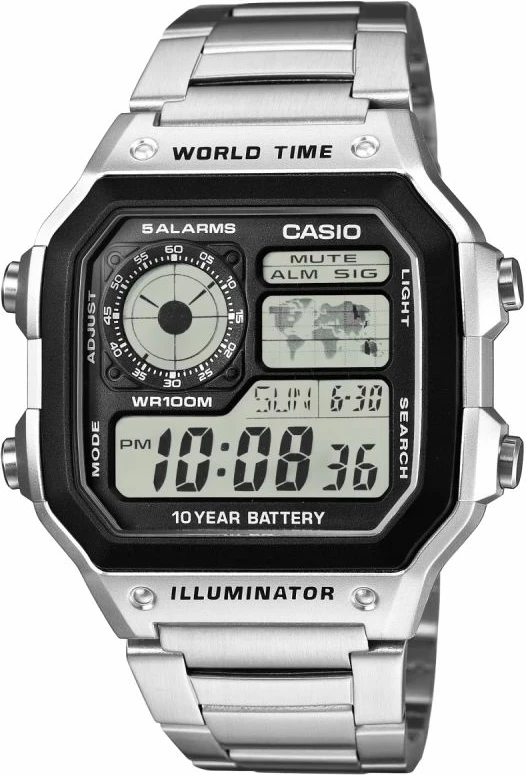 Orë dore meshkuj CASIO AE-1200WHD-1AVEF, argjendtë, me kuti