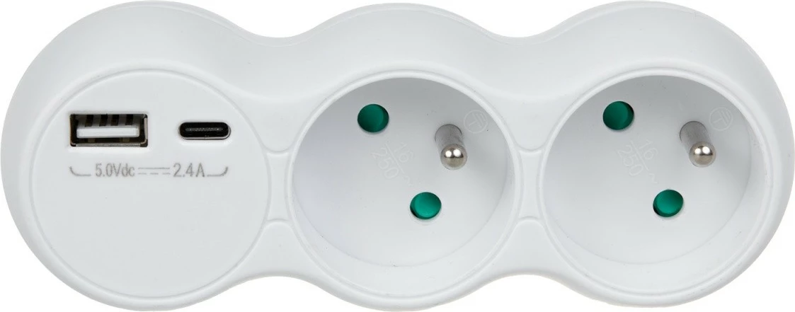 Shpërndarës prizë Maclean MCE339E, 2 dalje Type E, 2x USB (USB-A & USB-C), lidhës Type C/E, e bardhë