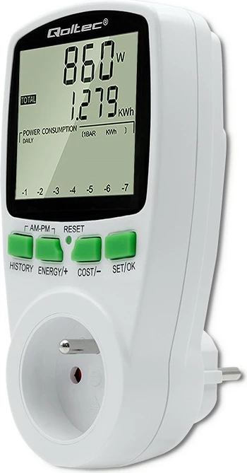 Matës i konsumit të energjisë Qoltec PM0627, 3680W, 16A, LCD, Bardhë