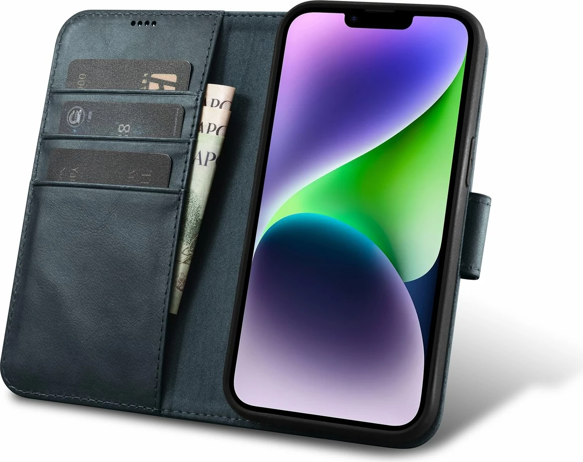 Mbështjellës iCarer Oil Wax Wallet Case 2in1 për iPhone 14, lëkurë natyrale, Anti-RFID, Blu
