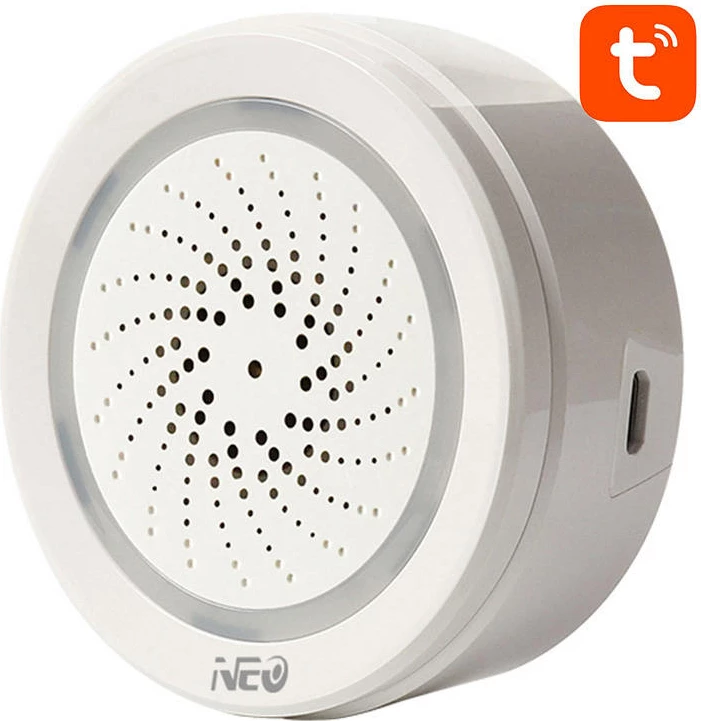 Sirenë alarmi smart Neo NAS-AB02WT me sensor temperature e lagështie, WiFi, e bardhë