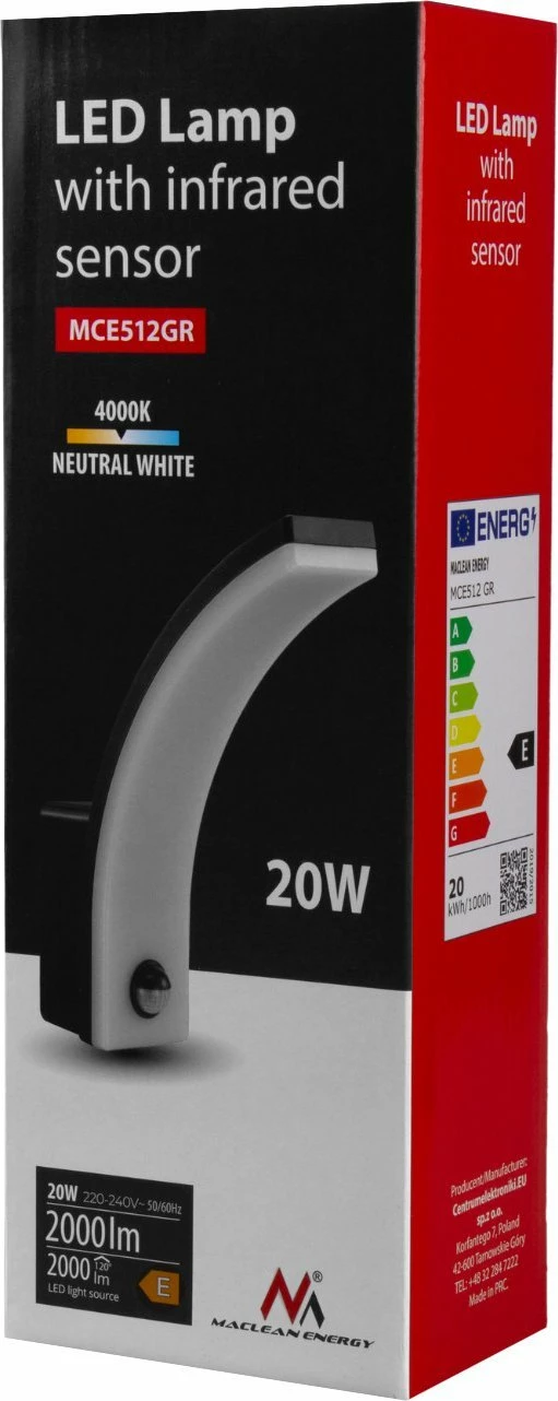Lampë muri LED me sensor lëvizjeje Maclean MCE512 GR 20W 2000 lm IP65 4000K, gri