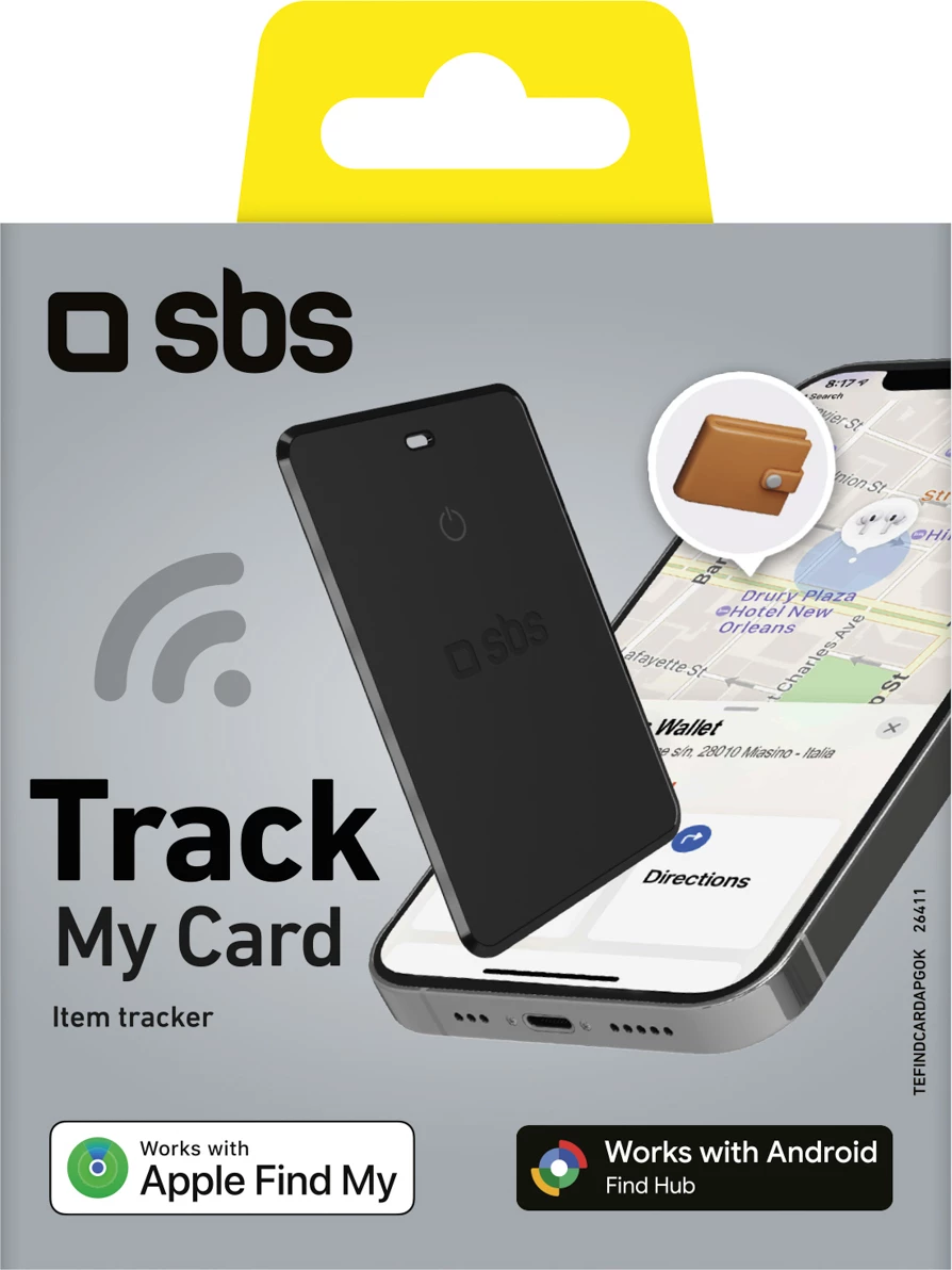 Gjurmues karte SBS Track My Card, ultra-i hollë, iOS/Android, karikim wireless, IP65, 1 copë, i zi