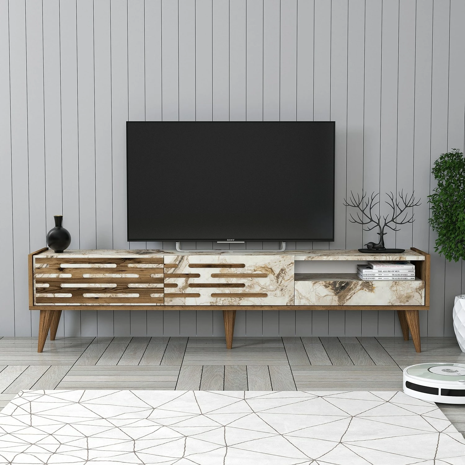 Komodë TV Hanah Home, Valensiya, ngjyrë arre, e bardhë, mermer