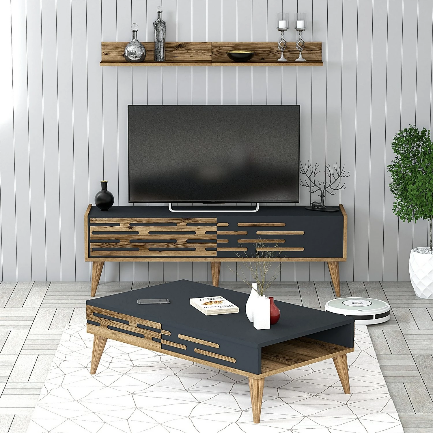 Set mobiljesh për dhomë dite, Skye Decor, Valensiya 140, ngjyrë arre dhe antracit