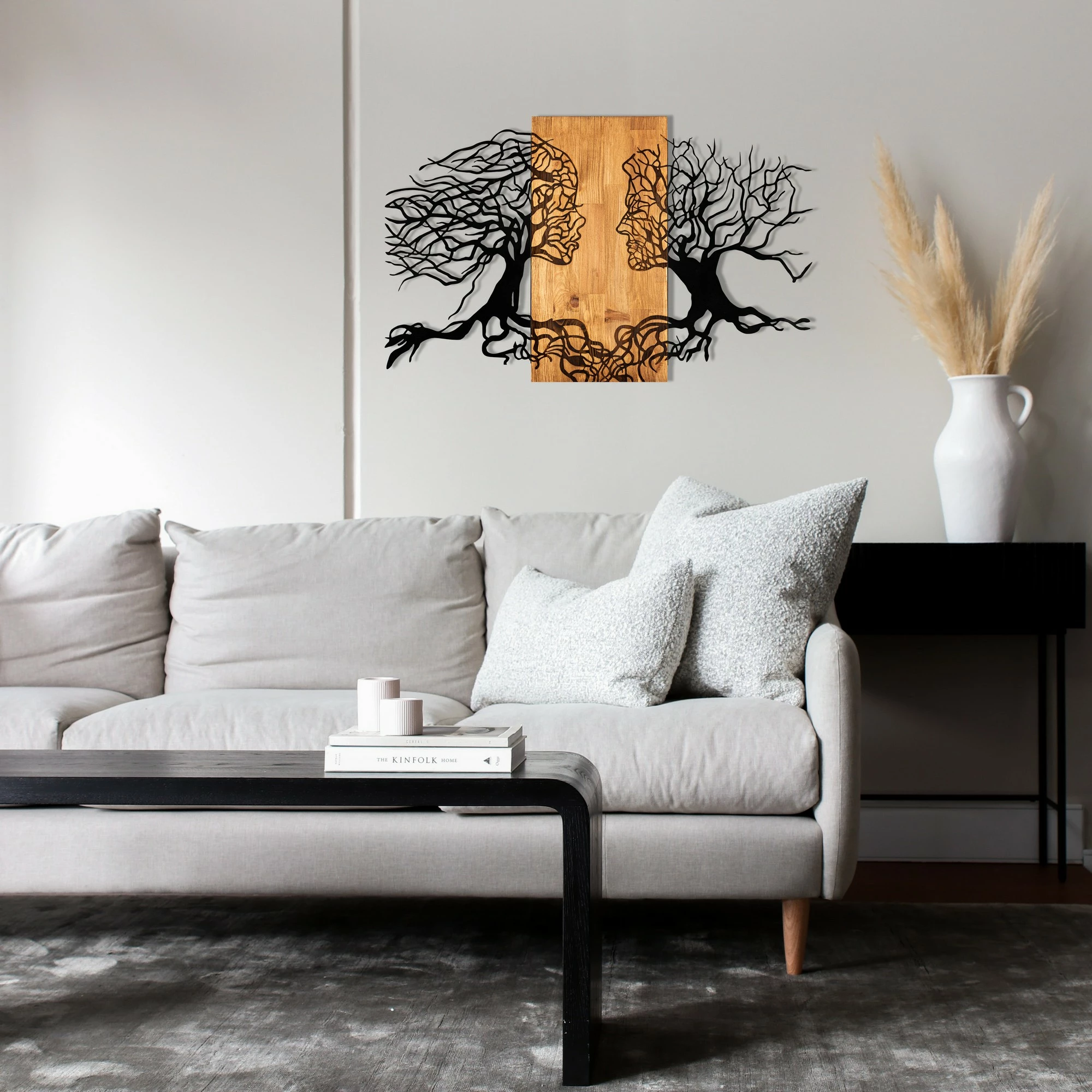 Aksesor dekorativ për mur, dru dhe metal, Wallity Tutku, ngjyrë e zezë dhe arre, 92x58cm