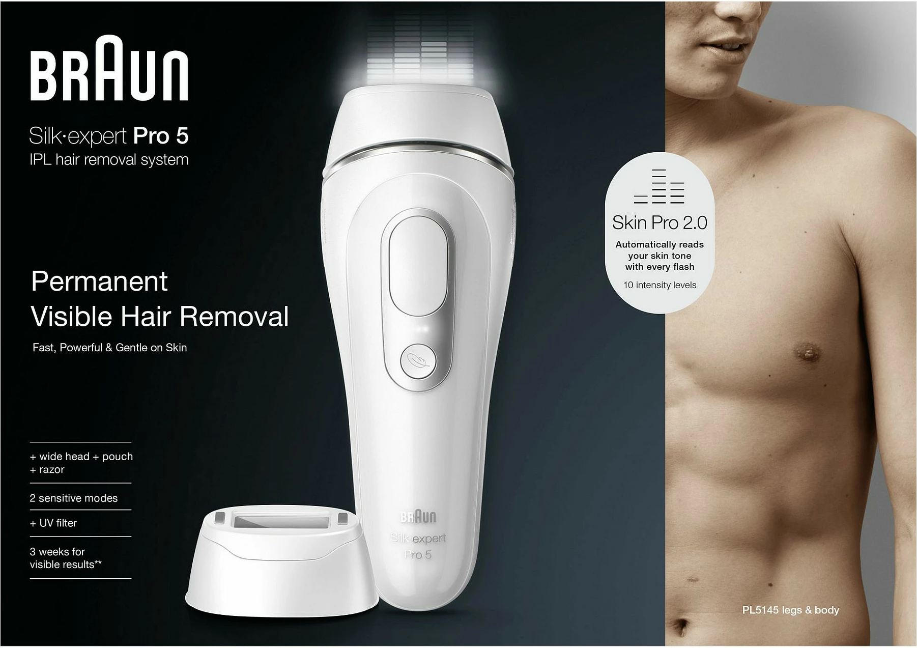 Depilator IPL Braun Silk-expert Pro 5 PL5145, 400000 impulse, 10 nivele, me çantë dhe makinë rroje, i bardhë