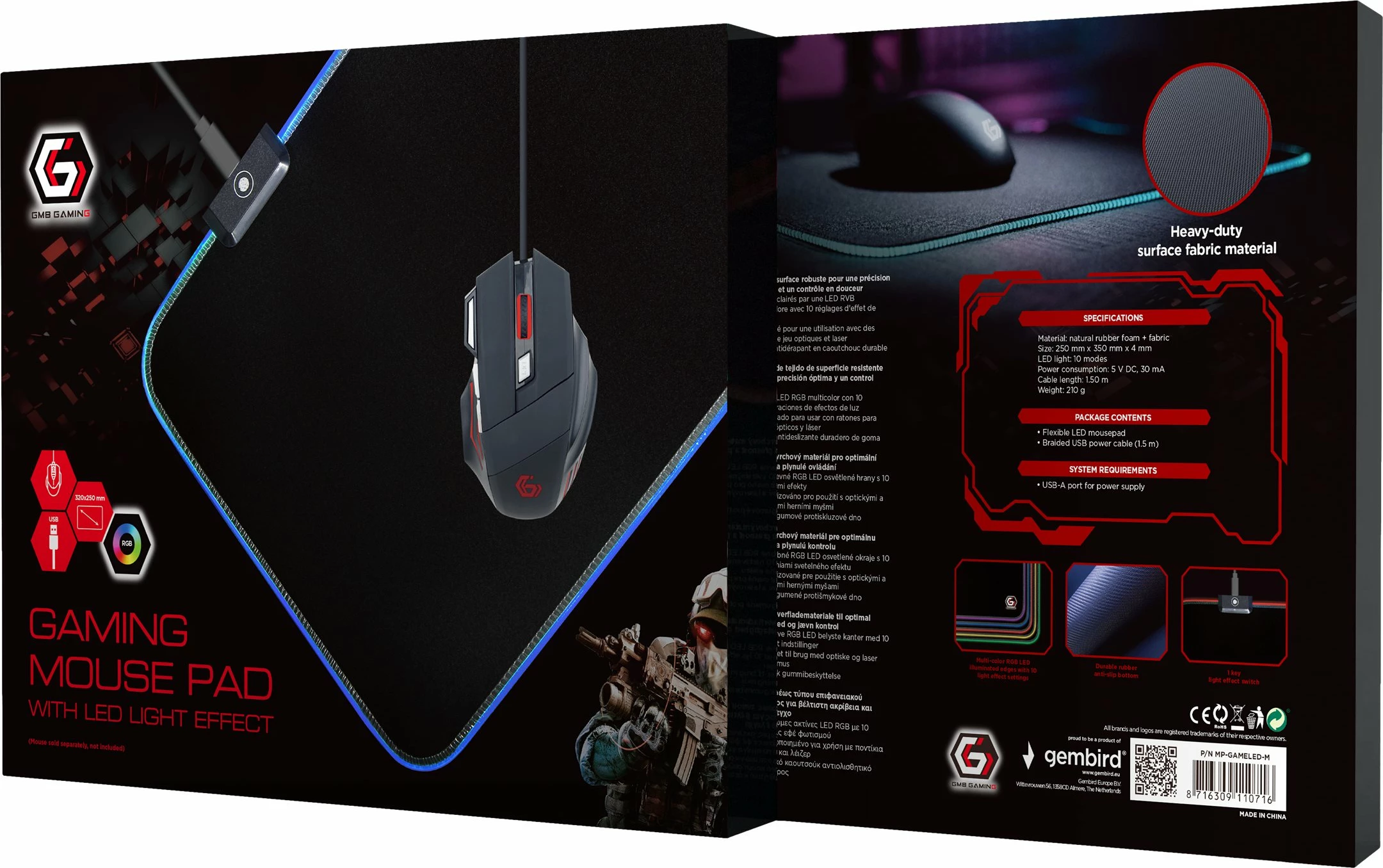 Mauspad Gembird MP-GAMELED-M me ndriçim RGB, i zi, M-size