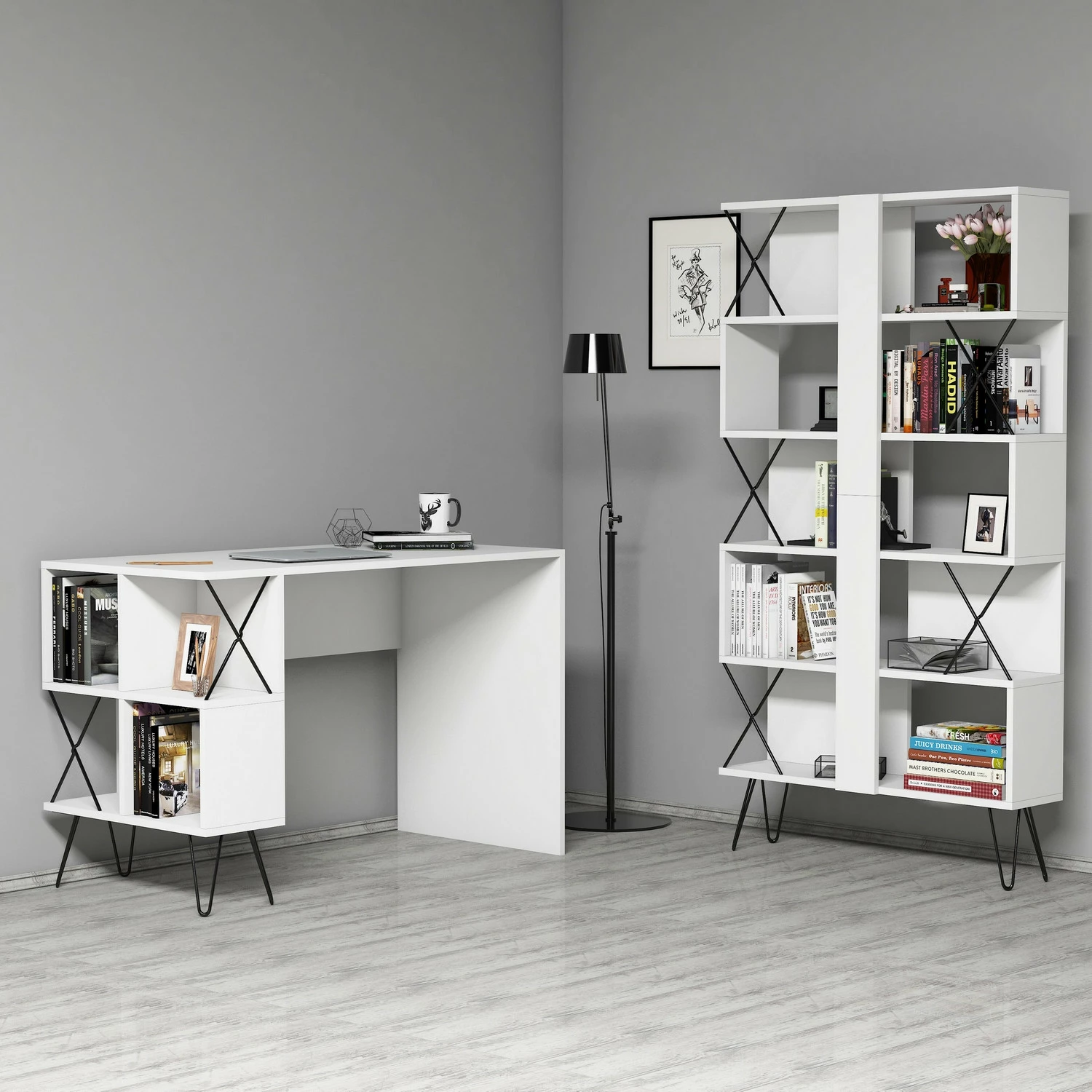 Set tavoline studimi me raft librash Hanah Home, ekstra, e bardhë