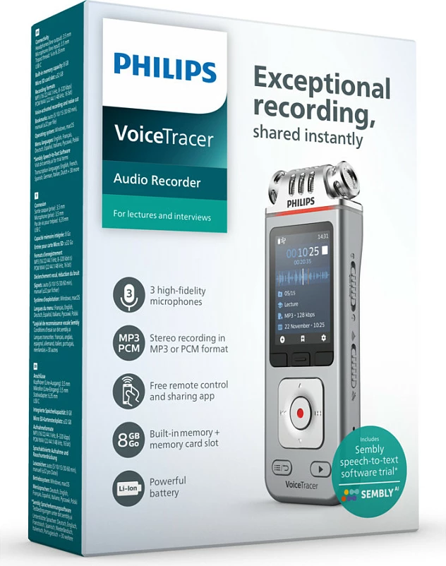 Diktafon digjital Philips VoiceTracer DVT4115, 8GB, 36h, Stereo, MP3/WAV, ekran 2", gri