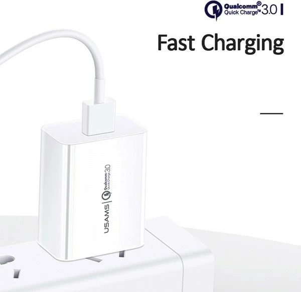 Adapter karikues muri USAMS T22, 18W, 1xUSB, QC 3.0, Bardhë