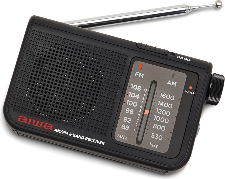 Radio xhepi Aiwa RS-55, FM/AM, antenë teleskopike 48 cm, dalje 3.5 mm, punon me 2xAA, e zezë, set me kufje + çantë mbrojtëse + rrip dore + bateri (2 copë)
