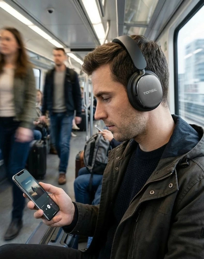 Kufje Tonsil R75BT, wireless, ANC, Bluetooth 6.0, me etui, të zeza