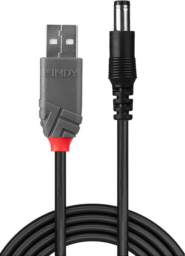 Kabllo adapter LINDY USB-A në DC 5.5/2.1mm, 1.5m, USB 2.0, e zezë
